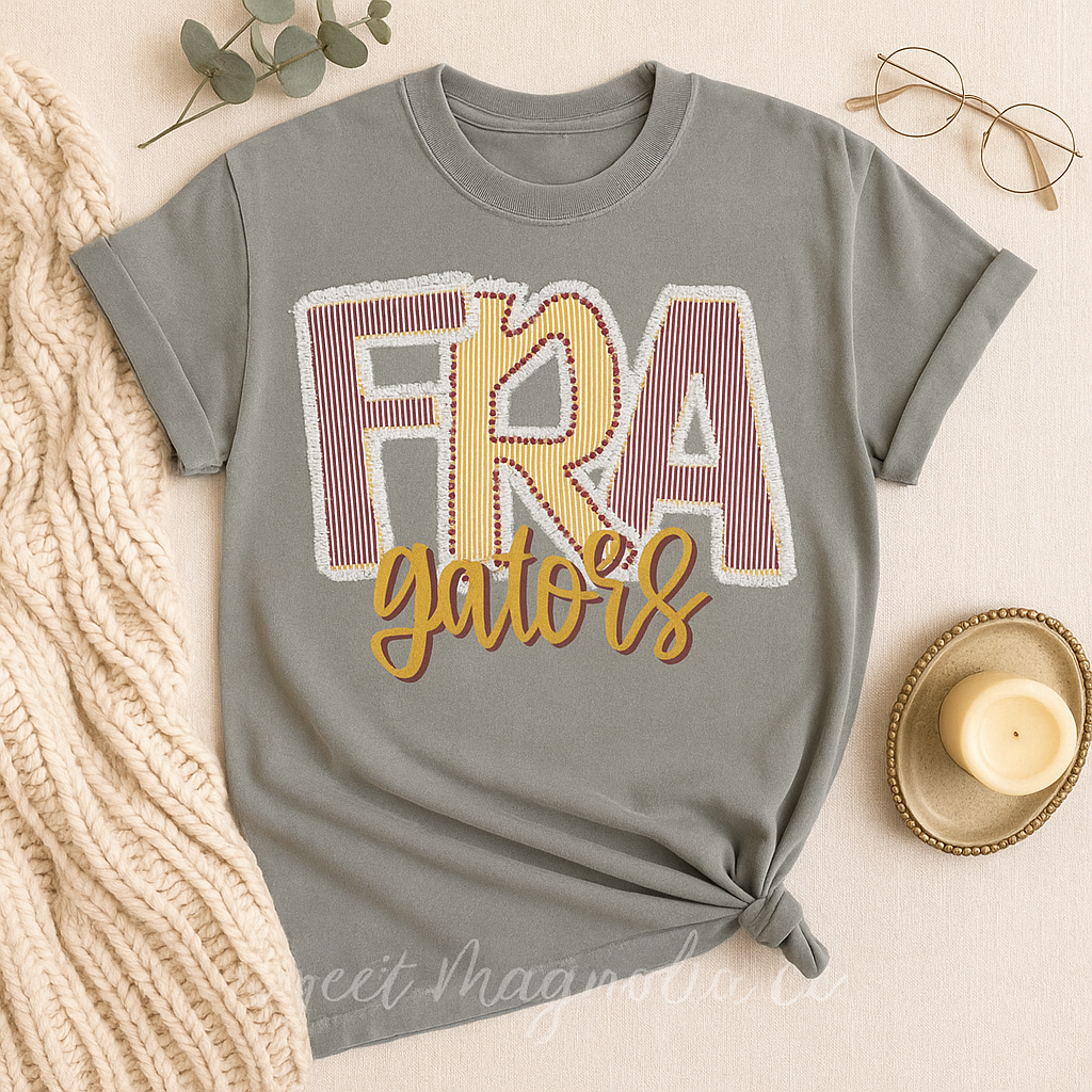 Gray t-shirt with 'FRA gators' text on a neutral background