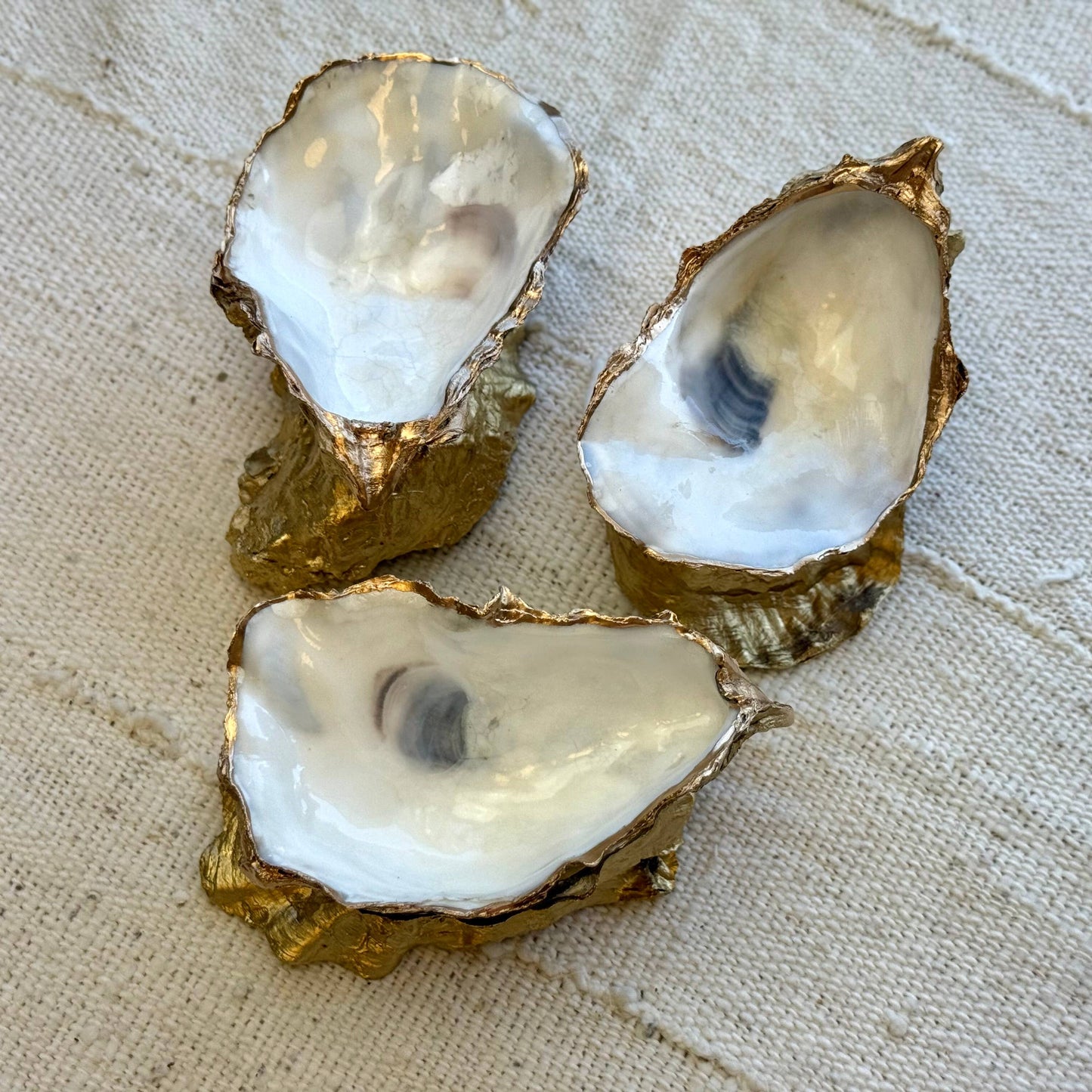 Three oyster shell ring dishes on a textured beige surface